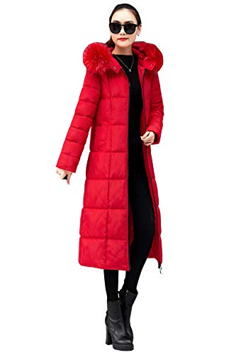 ebossy Women's Winter Thicken Down Alternative Long Puffer Coat with Faux Fur Hood (Medium, Red 2)