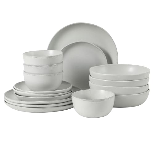 Image of Gibson Elite Menlo Park 16-Piece Pottery Clay Stoneware Dinnerware Set - White Reactive Glaze, Embossed Plates and Bowls W /Pasta Bowl, Service for 4 - Microwave & Dishwasher Safe