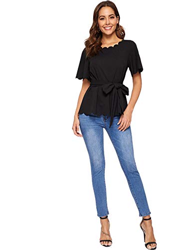 Romwe Women's Bow Self Tie Scalloped Cut Out Short Sleeve Elegant Office Work Tunic Blouse Top Black Large #TOP4
