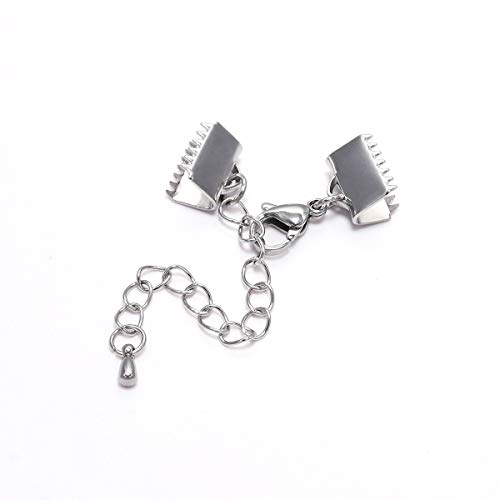 5pcs/lot Stainless Steel Textured End Caps Crimp Clasps Lobster Clasps Extension Chain Leather Cord Connector for Jewelry Making (Smooth Style, 15mm)