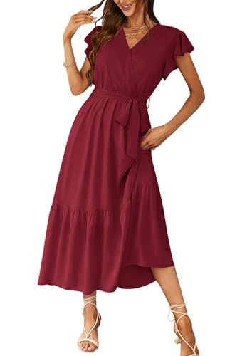 Image of PRETTYGARDEN Women's Summer Floral Boho Maxi Dress | Short Sleeve Wrap V Neck, Long Flowy Ruffle Dresses, Spring Wedding Guest Outfits for Beach Vacation, Resort Wear, Tea Party