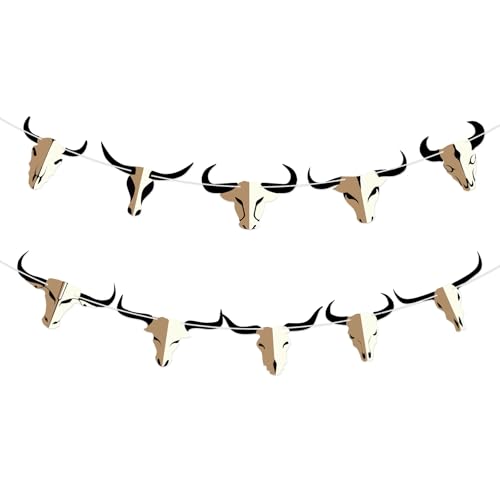 Hooqict Cartel de fiesta de rodeo de vaquero occidental, decoración de fiesta de cumpleaños occidental, pancarta de calavera de toro, guirnalda de feliz cumpleaños para decoraciones de cumpleaños del