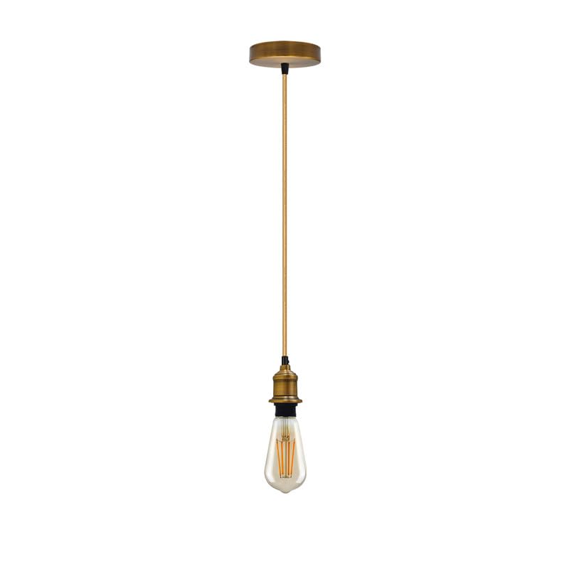 DC Voltage Yellow Brass Vintage Metal Ceiling Pendant Light Fitting, Fabric Flex 1m Cable, E27 Lamp Holder Suspended Pendant Light Fitting Kit for Indoor Lightings