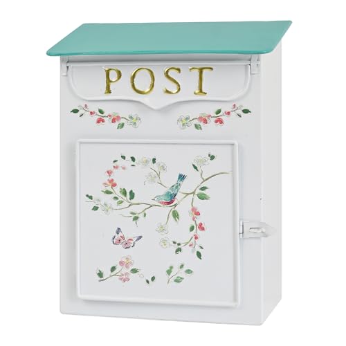 Image of Mailbox Wall Mount Mailboxes for Outside Vintage Mail Boxes for House Outside Metal Drop Box Antique Style Nostalgic Charm Home Decorative, Flower Pattern, White