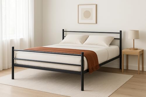 Image of Nivo Metal Queen Size Bed Without Storage | Wrought Iron Double Bed with Headboard & Footboard | Sturdy Powder Coated Platform Bed Queen Size Cot for BedroomLivingRoom Black (75x60)