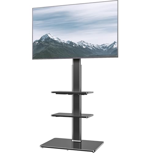 Hemudu ユニバーサルフロアTVスタンド 19〜42インチフラットスクリーンTV用マウント、100度回転、高さおよび傾斜機能の調節可能、3つの棚)