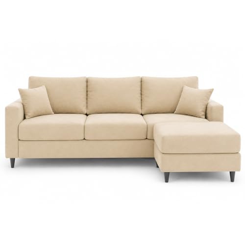 Image of FURNY Luxury Conva 3 Seater Sofa Set with Ottoman for Living Room |Soft Suede Fabric Upholstered | Modern Comfortable Couch for Home Office & Drawing Room | Cream