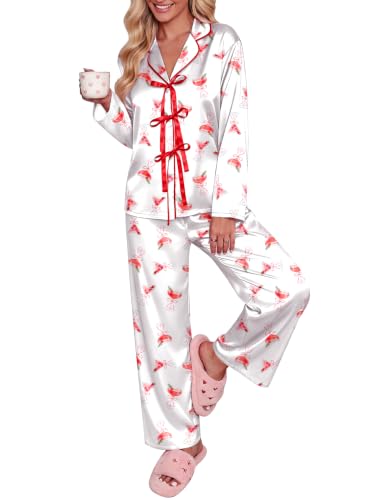 Ekouaer Womens Satin Pajamas Set Bow Tie Front Pjs Long Sleeve Lounge sets - image 1