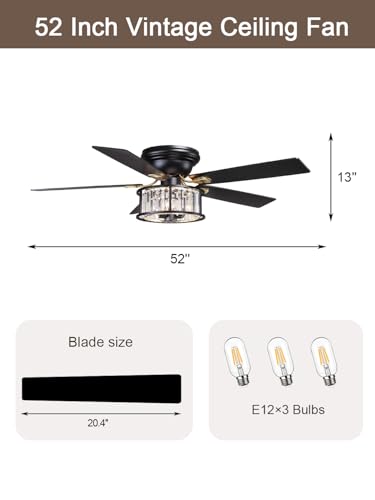 Image of 52 Inch Flush Mount Chandelier Ceiling Fan with Lights Rustic Ceiling Fan Low Profile Farmhouse Fandelier Chandelier Light for Bedroom Living Room, 3 E26 Bulbs (1)