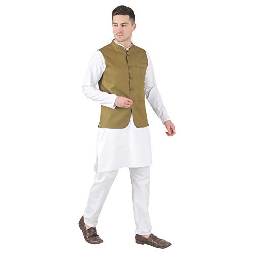 Image of TAHVO Men's Nehru Jacket /Waistcoat /Modi Jacket Cotton Fabric /Men 's 5 Button Nehru Jacket with Hanky Kurta Set