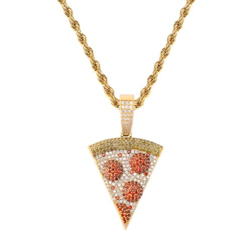 KMASAL Hip Hop Iced Out Exquisite Pizza-Anhänger Kette Pavé-Bunte Diamant 18 Karat vergoldete solide Rückseite Halskette für Männer und Frauen, Metall, Zirkonia Cover