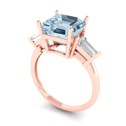 3 ct Asscher Cut Natural Aquamarine 18K Yellow Gold Three-Stone Wedding Engagement Bridal Promise Ring2