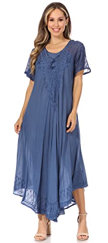 Image of Sakkas Egan Long Embroidered Caftan Dress /Cover Up with Embroidered Cap Sleeves