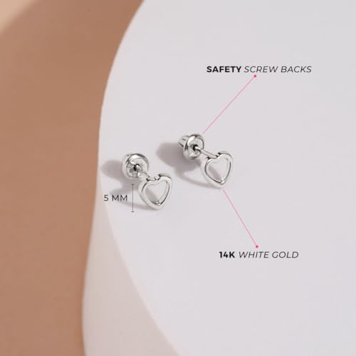 In Season Jewelry 14k White Gold Cute 5mm Open Heart Stud Earrings for Baby Girls & Toddlers, Safety Screw Back, Ages 6m-6yr4