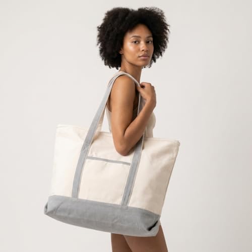 Image of Gray Canvas Zippered Tote Bag - 22 Inches, Heavy-duty, Reusable, Washable, Foldable, and Multi-purpose 100% Cotton Canvas Tote Bag - Perfect for Beach, Library or Shopping (Gray)