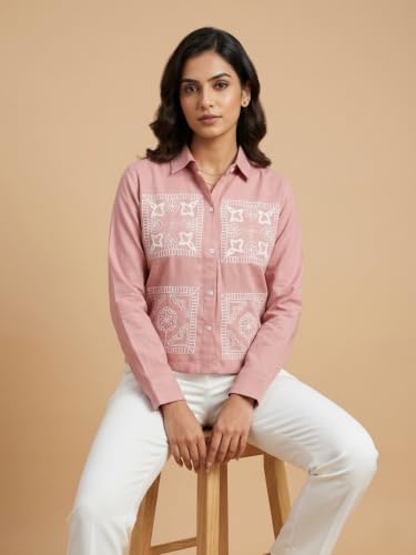 Image of Stylish Women's Embroidered Shirts | Geometric Pattern Half Sleeve Collared Button-Up Casual Shirt for Women