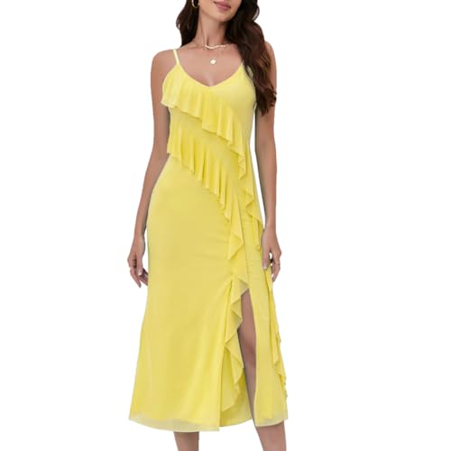 Image of Women's Spaghetti Strap Ruffle Side Split Long Dress Bodycon Beach Maxi Dresses