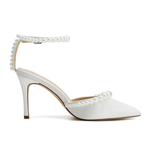 High Heel Wedding Shoes for Bride Pointed Toe Bridal Shoes Pearl Heels Ankle Strap Wedding Pumps4