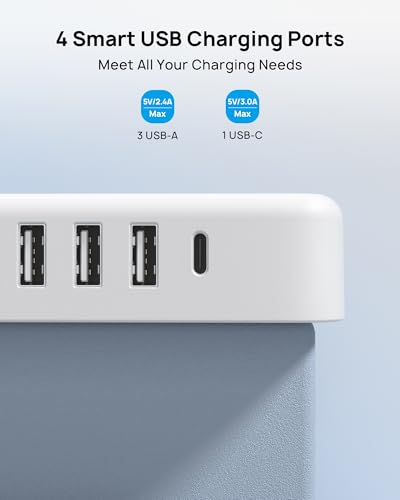Image of Power Strip- TROND Ultra Thin Flat Extension Cord 5ft with 4 USB Ports(1 USB C Charger), 4 Widely-Spaced Outlets, Compact & Small, Wall Mount for Home Office Dorm, White