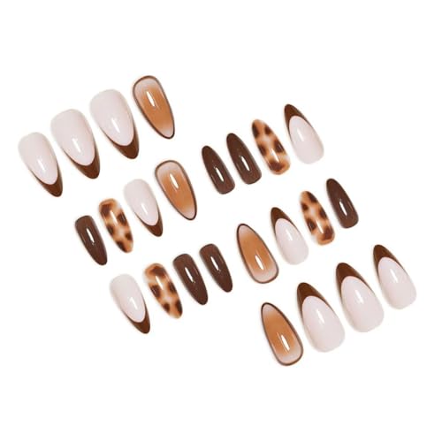 Brown Press on Nails Medium Almond Fake Nails French Tip Nails Press Ons with Leopard Print Design Full Cover Glossy Acrylic Nail for Women 24PCS