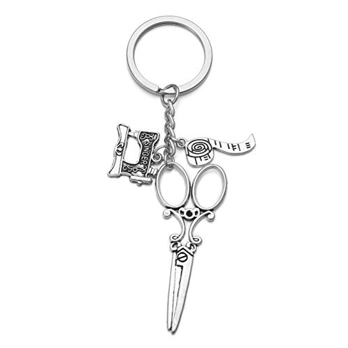 Jovivi Silver Keyrings Women Men Sewing-machine/Scissors/Ruler/Tailor Charm Keychain Hairdresser Hairdressing Accessories Gifts