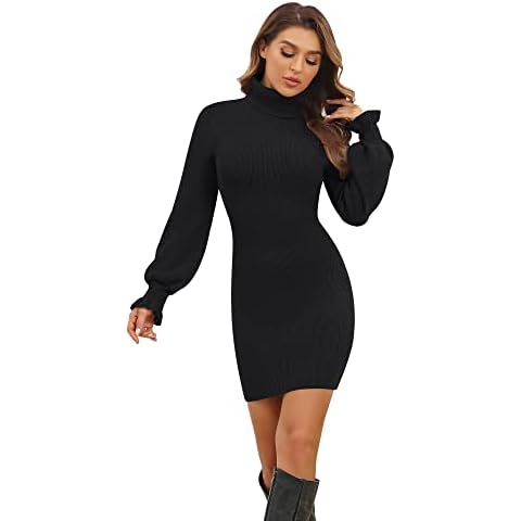 Maintain Vigour Bodycon Knitted Dress for Women Turtleneck Jumper Dresses Long Sleeve Sweater Dress Casual Jumpsuit Color Knitwear for Autumn Winter Black Cover