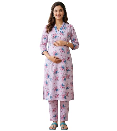 Image of DUMMY SHAPE Maternity Dresses for Women Cotton | Floral Kurta Pant Dupatta Set with Nursing Zippers, Side Pocket | Pre & Post Pregnancy | Feeding Kurti Suit | Baby Shower | Gifts for Pregnant Woman