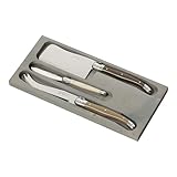 Jean Dubost Laguiole 3-Piece Cheese Knife Set, Linen Handles - Rust-Resistant Stainless Steel - Includes Wooden Tray - Made in France
