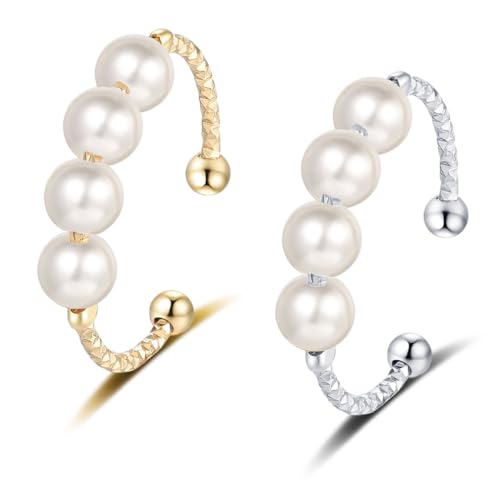 IKOPFLN 2 piezas anillo antiestres perlas mujer, ajustable, Regalo para Mujer, Madre, Esposa, oro plata