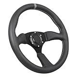 350mm Gray Stripe Racing Steering Wheel Black Genuine Leather Grip 6 Bolts Sport Steering Wheel with Horn...