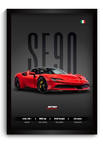 Image of Ferrari SF90 Poster | Framed SF90 Stradale A4 Sized (31 x 23 cm) | Supercar Poster | Supercar Posters for Wall, Gift for Boys, Car Frames | Car Posters for Wall, Bedroom, Hostel, Study Room (F 160)