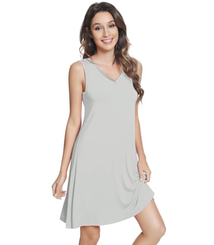 Image of NACHILA Nightgowns for Women-Viscose Made from Bamboo V Neck Nightshirts | Sleeveless Sleep Dress,Satin Sleepshirts,Anti-pilling nightshirt,Moisture-wicking Sleepwear for night sweats,Cooling,OEKOTAX