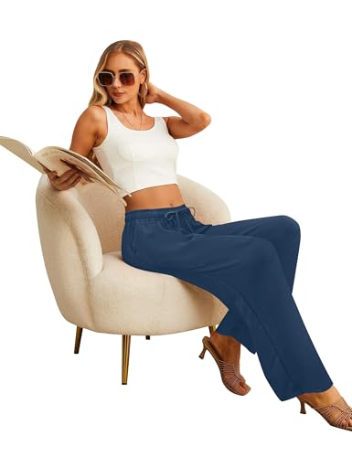 Womens Wide Leg Palazzo Pants Dressy Casual Lounge Baggy Pant Summer Travel Loose Drawstring Elastic Waist Trouser with Pockets Navy Blue S4