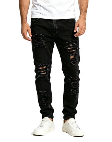 Men's Ripped Skinny Stretch Distressed Destroyed Slim Jeans Denim Pants Black 32
