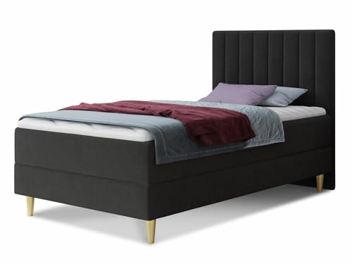 Boxspringbett Gold Mini mit Bettkasten, Bonell-Matratze und Topper - Einzelbett mit Matratzentopper, Polsterbett, Bett, Schlafzimmer, Jugendzimmer, Velours Stoff (Schwarz (Manila 18), 120 x 200 cm)