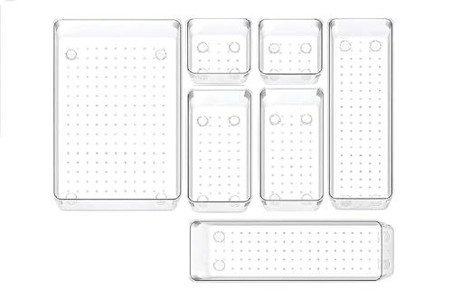Image of Clear Plastic Drawer Organizers Set, 4-Size Versatile Bathroom and Vanity Drawer Organizer Trays, Storage Bins for Makeup, Bedroom, Kitchen Gadgets Utensils and Office (7 PC NEW SET)