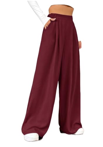 Nermosa Women's Wide Leg Trousers with Elastic Waist, Beige (in, Numeric, 28, Maroon) Deal