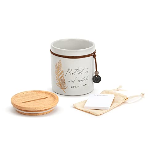 DEMDACO Protect and Watch Over Us Cream Mini 4 x 4.5 Ceramic and Wood Inspirational Jar with Cards