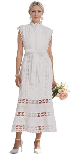 Image of LAI MENG FIVE CATS Women's Sleeveless Hollow Out Lace Button Up Casual Midi Party Dress with Belt