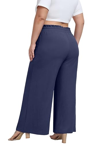 OLRIK Plus Size Wide Leg Pants for Women Casual Loose High Waist Pleated Lounge Pants Summer Trousers Dark Blue-3X3