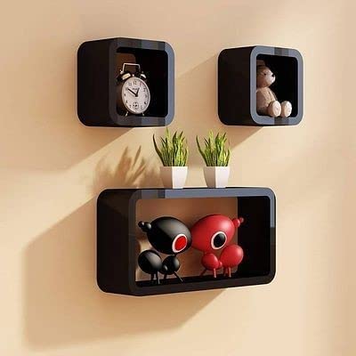 Evergreen Shoppee Wooden Square Shaped Cube Wall Mounted Shelf Rack Decorative Wall Shelves Shelf Set of 3 for Living Room Bedroom Kitchen Book Shelves Display Decorative Shelves-Back