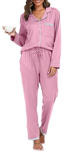 Vlazom Pijama Mujer Invierno con Notch Collar Pijama Botones Mujer de Manga Larga(XXL,Rosa)