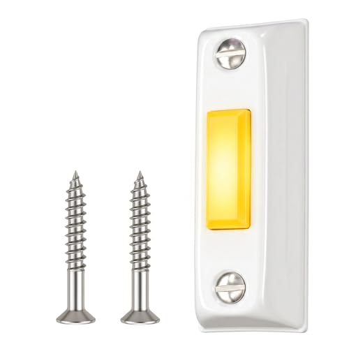 Decorative Doorbell Button Modern White Lighted Doorbell Button – Rectangular Wired Front Door Bell Push Switch with Yellow LED Glow, Sturdy Replacement for Covered Porch, Garage & Entryway