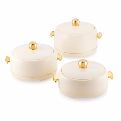 Image of Modware Atlantis Casserole Set of 3-1500ml /2000ml /2500ml Elegant Design Premium Hot Pot, Retains Temperature for Hours, Insulated Inner Steel Casserole for Roti Hot Box for Home Chapati Box (Ivory)