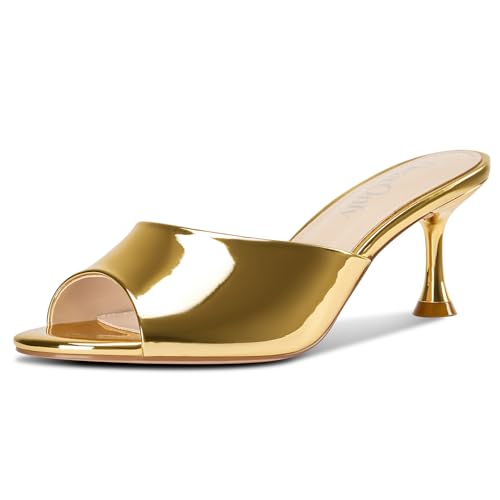 DearOnly Womens Open Toe Low Kitten Heel Sandals Slip-on Stiletto Mules Patent Leather Prom Dress Shoes 2.6 Inches Heels - Main Image