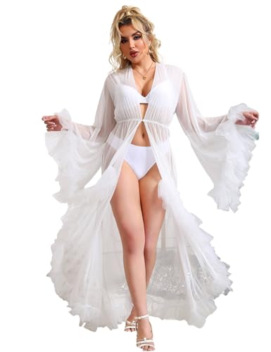 ohyeah Plus Size Lingerie Tulle Robe Lace Sheer Fancy Robe for Women Long Bridal Lingerie Wedding Scarf Nightgown