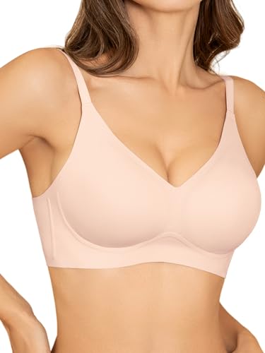 Image of Seamless Wireless Jelly Bras for Women - Lightly Padded Bra with Support, No Underwire Comfortable T-Shirt Bralette (XL, Nude)