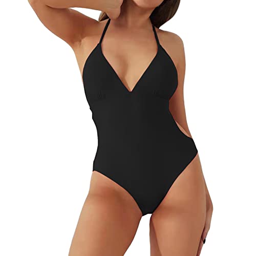 Genérico Bañador Palabra de Honor Mujer Bañadores Natacion Traje de Ño 1 Pieza con Tirantes Finos Y Cuello En V con Espalda para Mujer Ñador Negro Ñadores Tallas Grandes (Black,M)