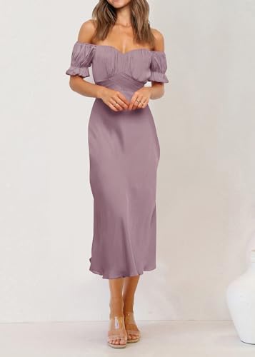 Image of KIRUNDO Women's 2024 Summer Satin Midi Dress Off Shoulder Wrap Ruched Wedding Guest Party Cocktail Formal Prom Dresses(Pink, Medium)