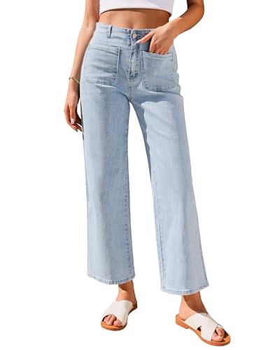 Roskiky Baggy-Jeans Weite Hosen Damen Hose 7/8 Damen Sommer Cropped Jeans Vintage Light Wash L